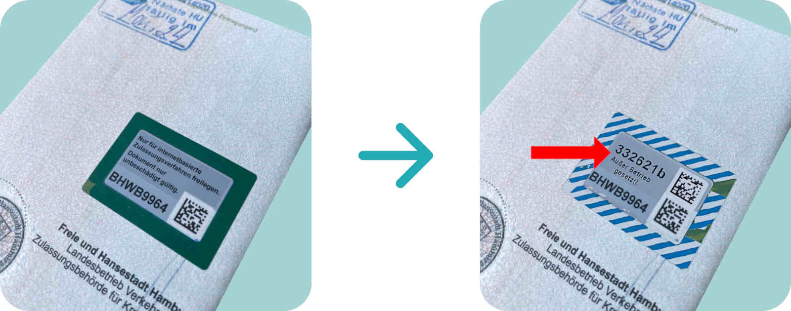 Foto und Kennzeichnung von der freigelegten PIN der Zulassungsbescheinigung Teil 1 für die digitale Zulassung.
